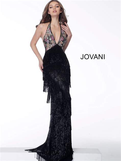 Jovani 65384 Long Black Fringe Embellished Prom Dress