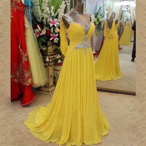 sexy long prom dresses yellow women formal gown beading prom gown v neck chiffon evening formal