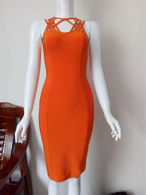 Newest Women Summer Sexy V Neck Hollow Out Orange Bandage Dress 2017 Knitted Elegant Designer