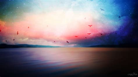 The Sea In Peaceful And Slow Flow The Sky Is Colorful And Beautiful Birds Are Flying To Sing