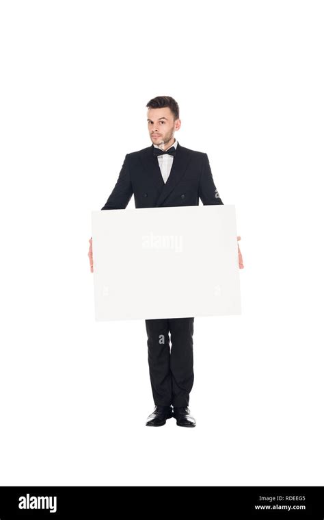 Handsome Elegant Man In Black Suit Posing With Blank Placard Isolated