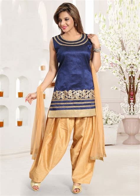 Navy Blue Art Silk Straight Cut Punjabi Suit Pe