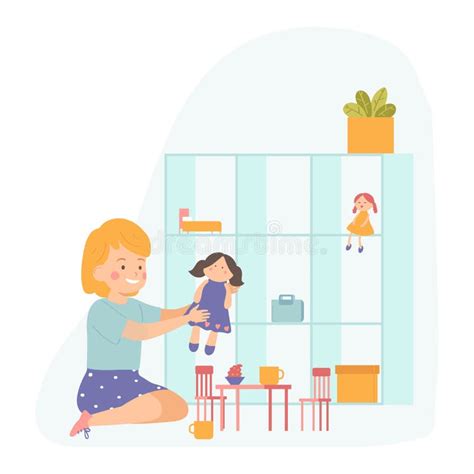 Little Girl Playing With Her Doll Kindergarten Vector Illustration