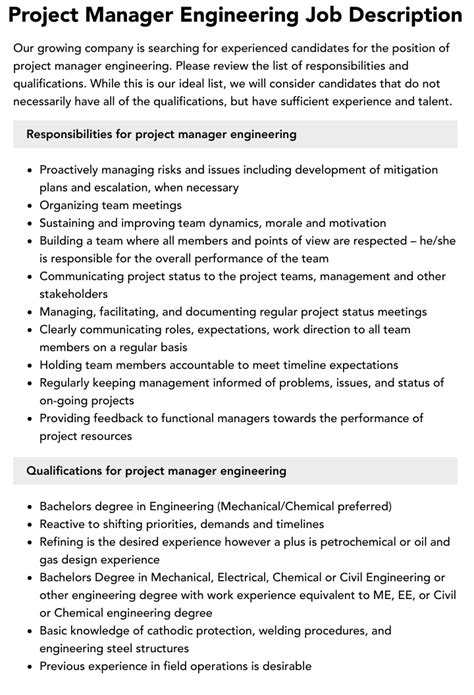 Project Manager Engineering Job Description Velvet Jobs