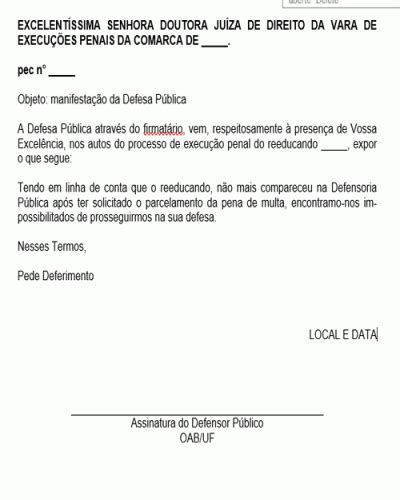 Termo Padrão De Petição Pedido Defensor Público Impossibilidade De