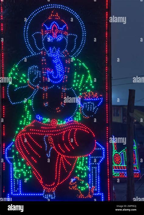 Illuminated Representation Of Lord Ganesha During The Night Allahabad