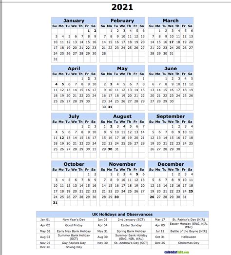 Yearly printable calendars for 2021 — ready to download. 2021 UK Holiday Calendar - United Kingdom Holidays