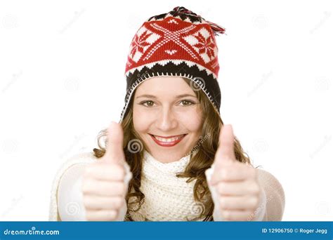 Young Happy Smiling Woman With Cap Shows Thumbs Up Stock Photo Image