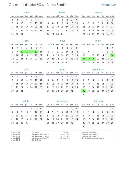 Calendario 2024 Con Días Festivos En Arabia Saudita Imprimir Y
