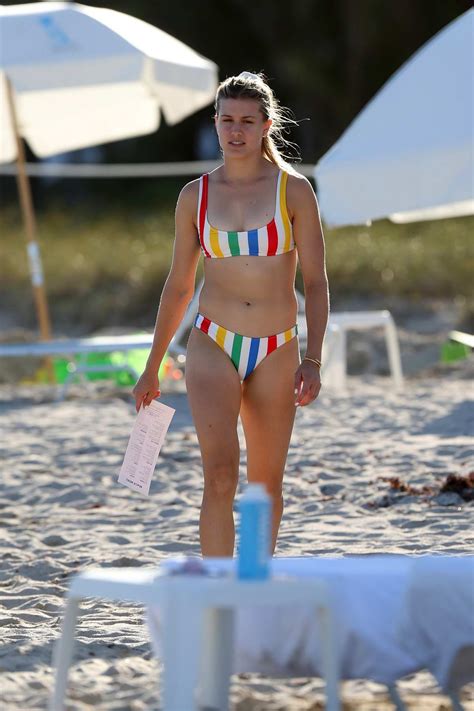 Eugenie Bouchard Rocks A Striped Multi Colored Bikini While At The Beach In Miami Florida