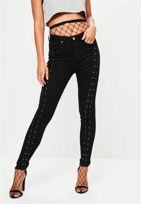 Missguided Black Sinner High Waisted Lace Up Skinny Jeans Mom Jeans Ripped Women Jeans Clothes
