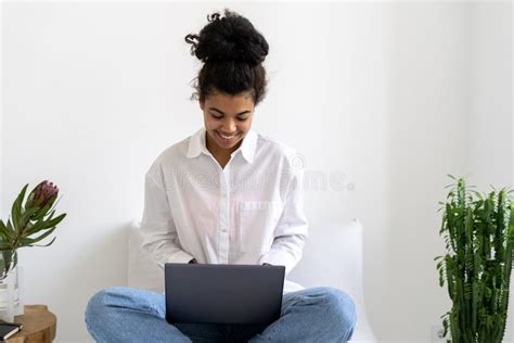 Pretty African American Girl Typing On Laptop Stock Image Image Of
