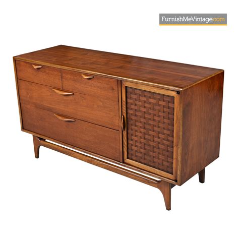 Top surface is walnut wood with contrasting oak trim tracing the perimeter. Lane Perception Credenza Dresser - Mid Century Modern