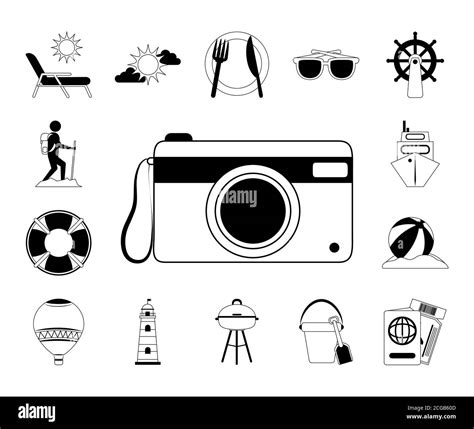 Summer Vacation Travel Recreation Adventure Relaxing Line Icons Style