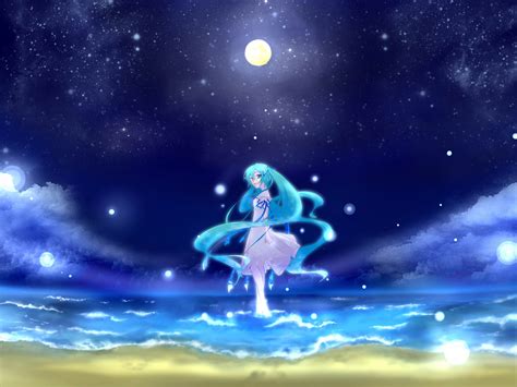 Beach Blue Haru Aki Hatsune Miku Moon Night Stars Vocaloid Konachan