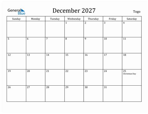 December 2027 Calendar With Togo Holidays