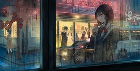 478097 Anime Girls Anime Scarf Rain Catzz Umbrella City Rare