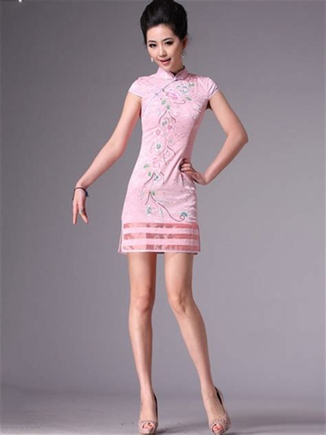 pink short cotton cheongsam qipao chinese party dress