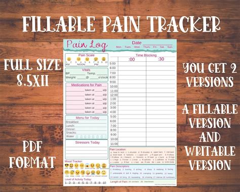 Fillable And Or Writeable Daily Pain Log Chronic Pain Etsy