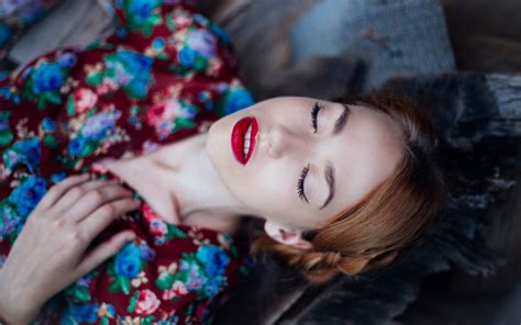 Women Auburn Hair Closed Eyes Red Lipstick Lying Down Depth Of