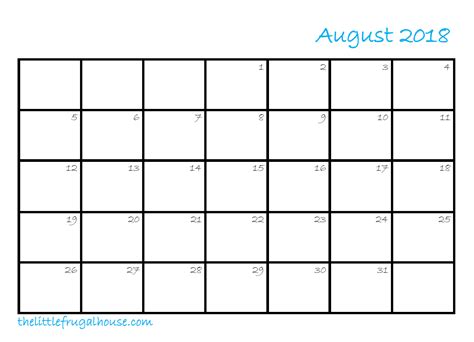 Free August Calendar Printable The Little Frugal House