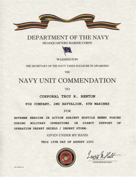 Navy Unit Commendation Ribbon Certificate