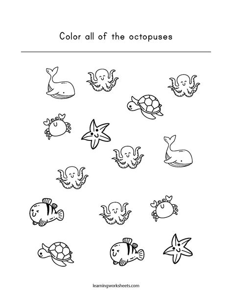 Color All Of The Octopuses Learning Worksheets Sea Animals
