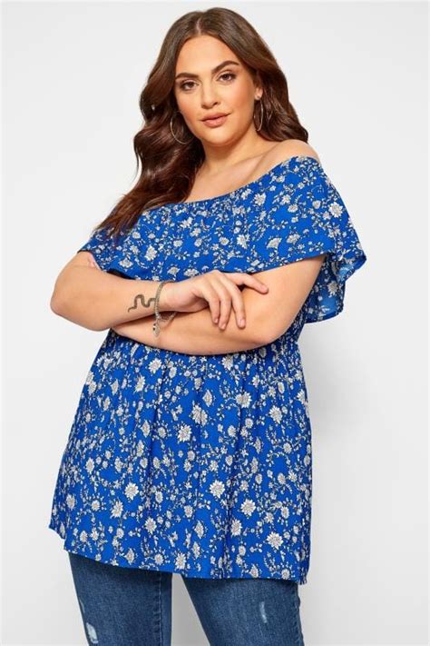 Blue Ditsy Floral Shirred Bardot Top Yours Clothing