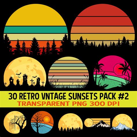 Retro Vintage Sunsets Clipart Pack Png Sunrise Moon Etsy Moon Beach Clip Art Vintage