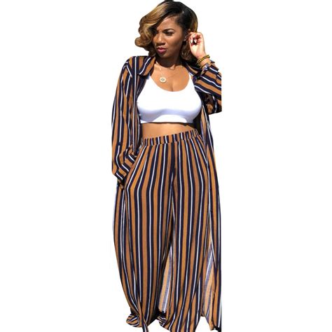 one sale striped long sleeve 2 piece set women pant and top turn down collarwide leg pants