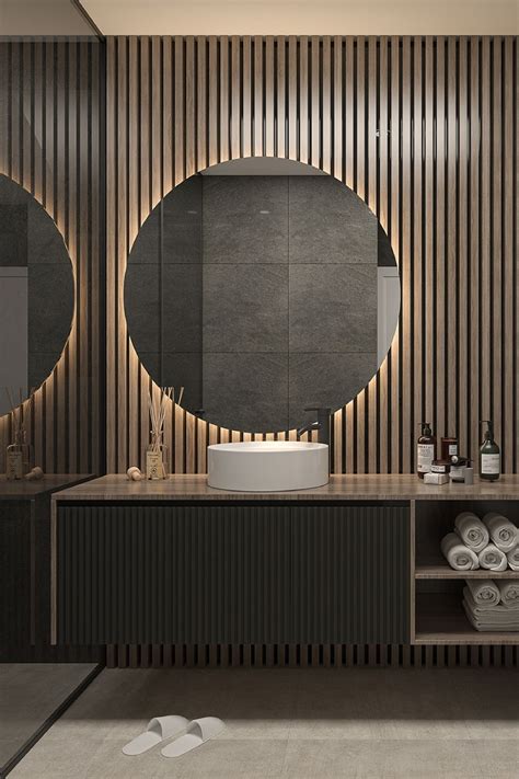 Modern Bathroom Design With Round Wall Mounted Mirror And Wooden Wall
