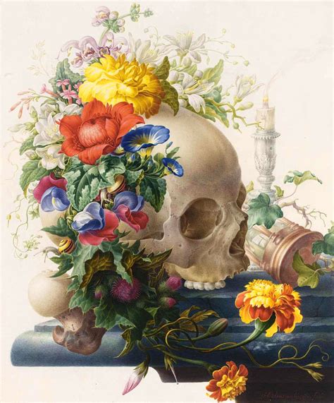 Vanitas Still Life With A Skull Wreathed With Flowers I Painting