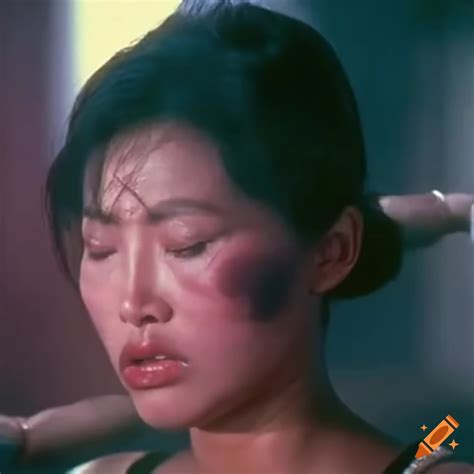 bruised asian woman martial arts fighter in 80s action movie scene on craiyon