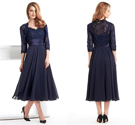 Elegant Tea Length Mother Of The Bride Groom Dress With Jacket Long Sleeves Navy Blue Lace Plus