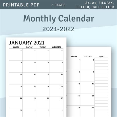 Printable Calendar Monthly 2021 2022 Month On Two Page Etsy