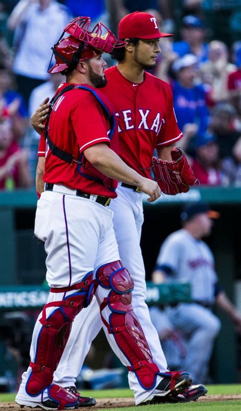 Texas Rangers Starting Pitcher Yu Darvish 11 Pats Catcher Bobby Wilson 6 On The Back After