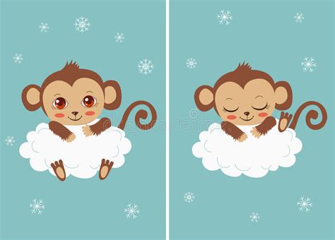 Cute Baby Monkey On A Cloud Sleeping And With Big Eyes