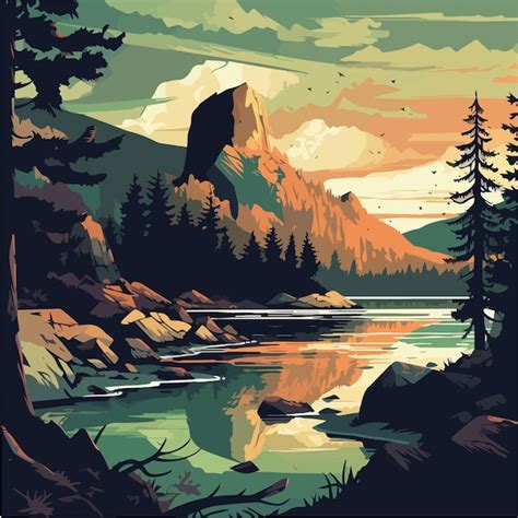 Premium Vector A Colorful Illustration Of A River And Mountains At Sunset