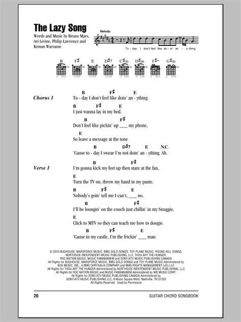 The Lazy Song partition par Bruno Mars (Paroles et Accords – 93661)