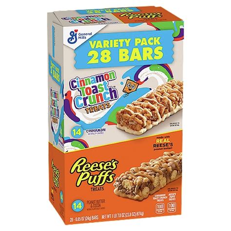 general mills cinnamon toast crunch and reese s puffs treat bars variety pack 0 85 oz 28 count