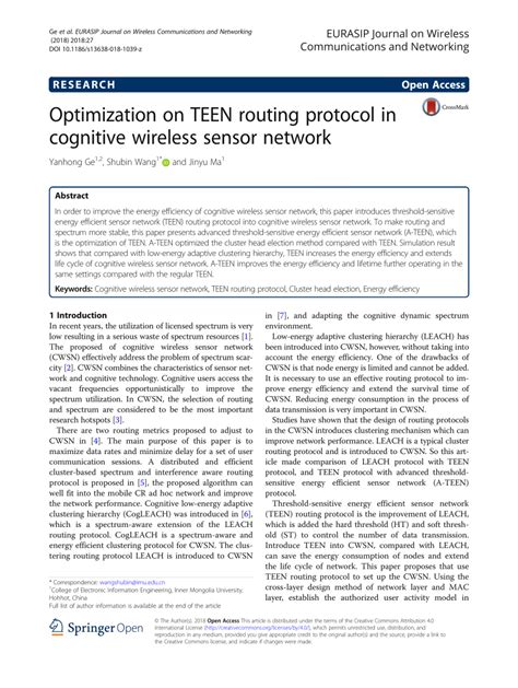 Pdf Optimization On Teen Routing Protocol In Cognitive Wireless