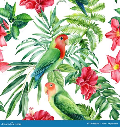 Seamless Patterns Parrots And Palm Leaves Tropical Plants On White