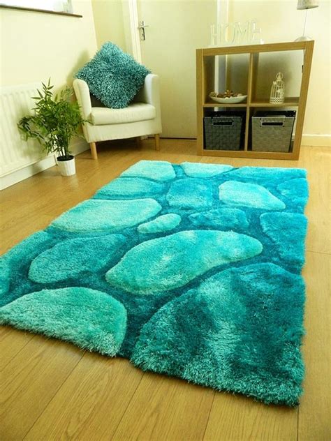 New Teal Blue Pebbles Design Luxurious Thick Pile Rug Modern Soft Silky