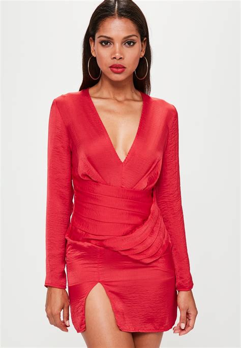 Missguided Red Silky Long Sleeve Panelled Shift Dress Dress Drop Wrap Dress Mini Dress Silk