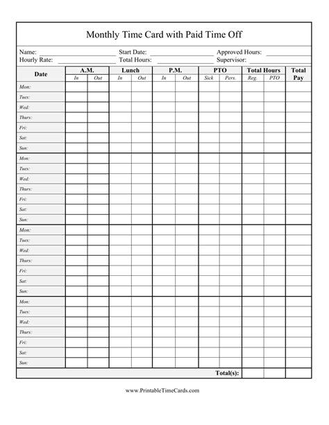 Monthly Time Card Template With Paid Time Off Download Printable Pdf