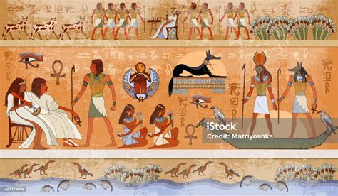 ancient egypt scene mythology egyptian gods and pharaohs hieroglyphic carvings on the exterior