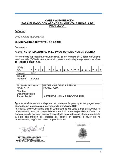 Carta Autorizacion Abono En Cuenta Cci 2023 Fas Pdf