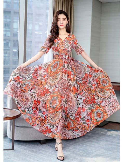 2019 Women Vintage Print Chiffon Boho Maxi Sundress Plus Size Beach Midi Summer Dress Bohemian