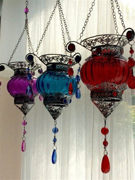 Moroccan Glass Hanging Tealight Lantern Etsy Tea Lights Lanterns
