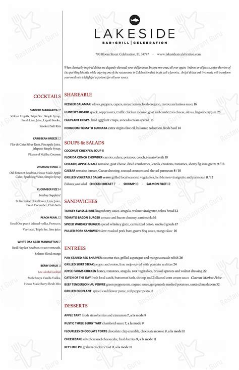 Menu at Lakeside Bar + Grill, Celebration